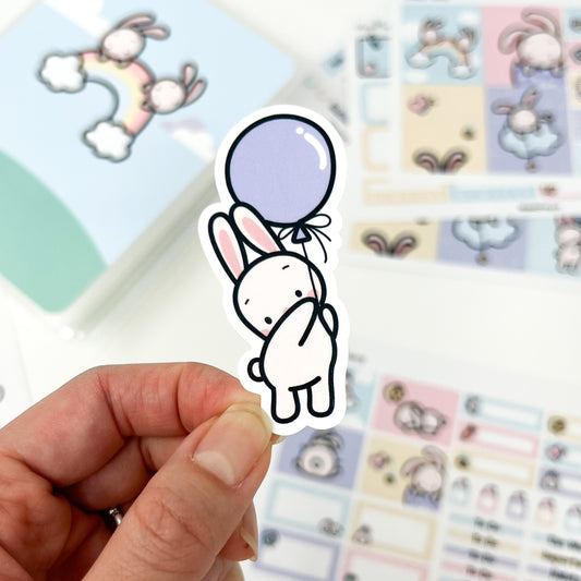 D039 | Bunny with a Balloon Vinyl Waterproof Die Cut Sticker | Hop Into Spring