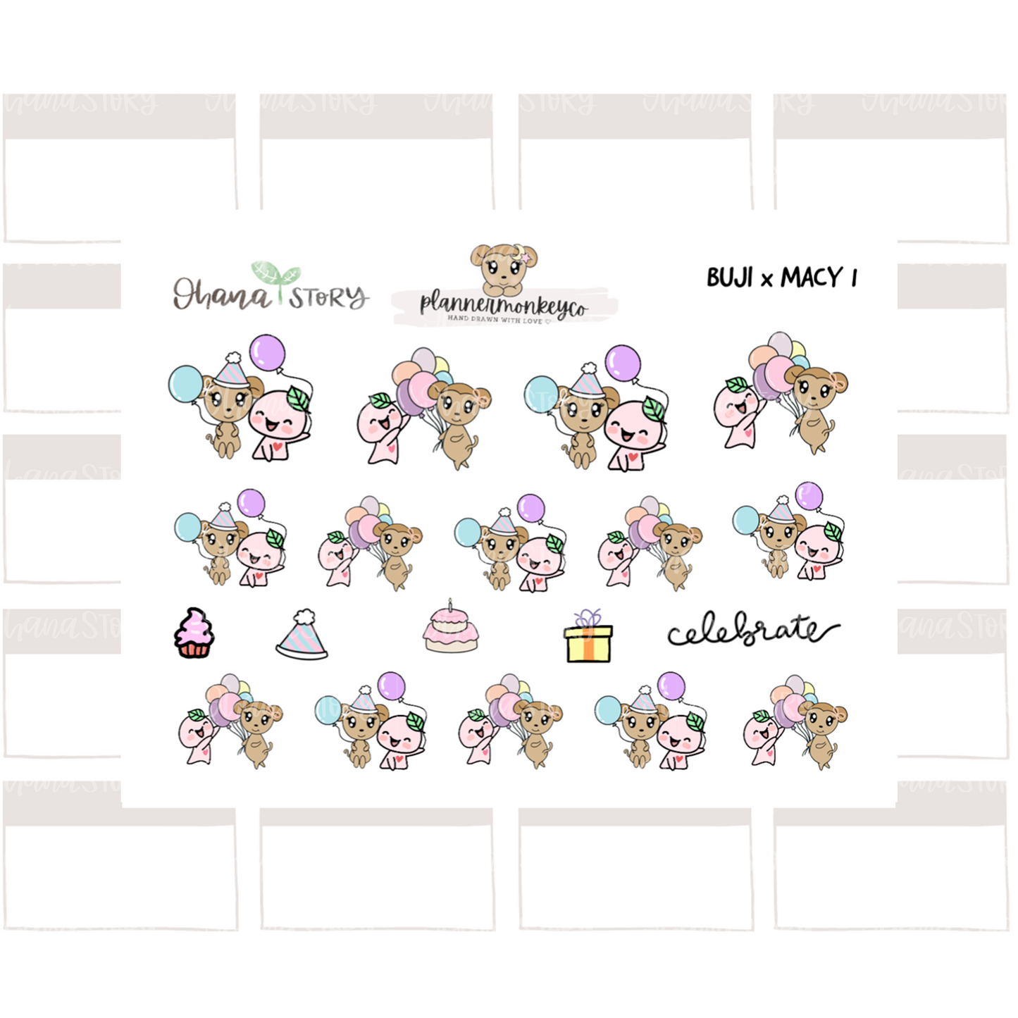 BUJI x MACY 1 | Collab Birthday Theme with PlannerMonkeyCo | Hand Drawn Planner Stickers