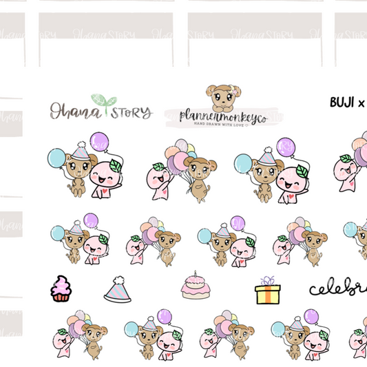 BUJI x MACY 1 | Collab Birthday Theme with PlannerMonkeyCo | Hand Drawn Planner Stickers