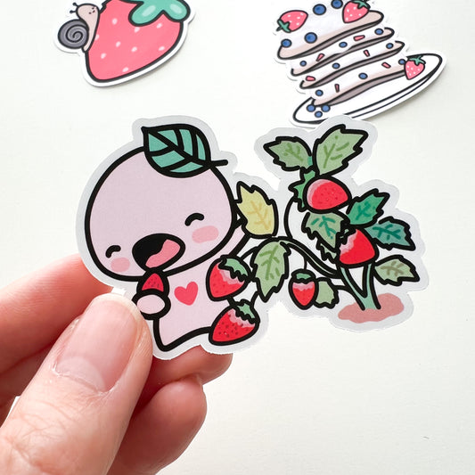 D013 | Buji Eating A Strawberry Vinyl Waterproof Die Cut Sticker | Berry Picking