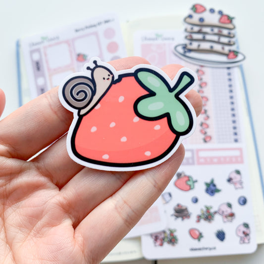 D012 | Cute Snail on a Strawberry Vinyl Waterproof Die Cut Sticker | Berry Picking
